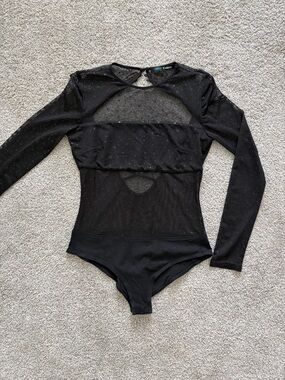 Black Sheer Mesh Long-Sleeve One-Piece Bodysuit